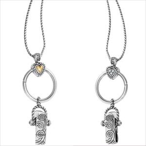 Brighton etched silver reversible heart charm long badge clip‎ necklace